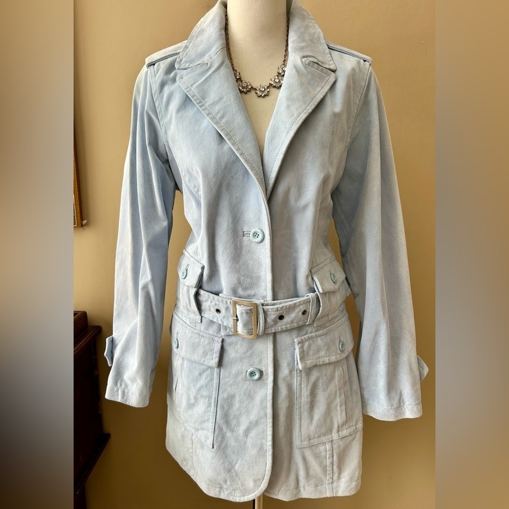 Vintage Suede Trench Coat Y2K Bradley Bayou Pastel Blue Suede Size 1X NWT New